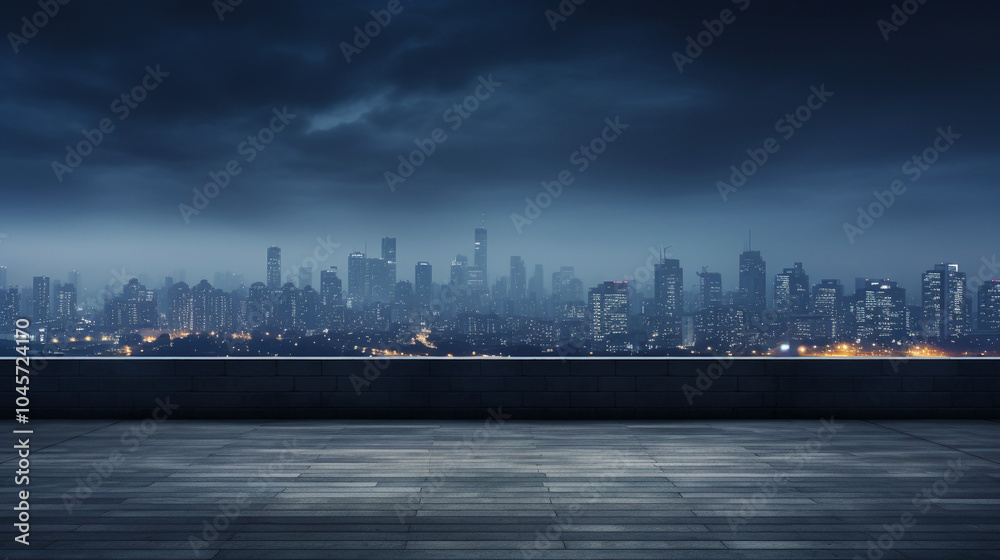 Night city skyline view from empty rooftop with moody sky Night city skyline view from empty rooftop with moody sky