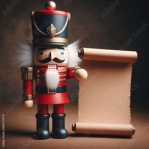 Christmas nutcracker soldier holding a blank scroll