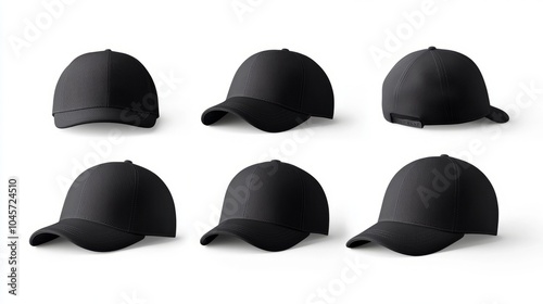 collection of Black Baseball Cap in Angles View Front and Back Mockup 