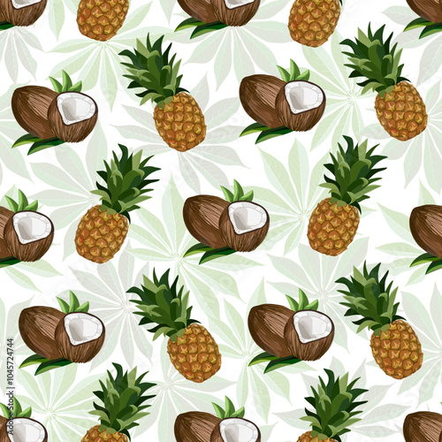 Illustration with pineapples and coconuts.Pineapples and coconuts on a background of palm leaves in color vector illustration.