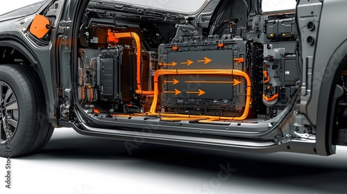 Battery module installed within the chassis of a car with arrows illustrating the flow of power and electricity through the vehicle s electrical system