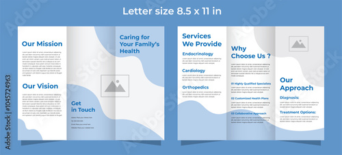 Trifold brochure template for medical care in soft blue colors