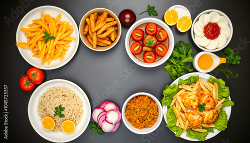 Assortment of healthy food dishes. Top view. Free space for your text isolated with white highlights, png