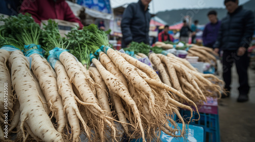 Geumsan Ginseng Festival, local farmers showcase fresh large ginseng roots at a bustling open-air market, colorful stalls and various ginseng products on display, Ai generated images photo