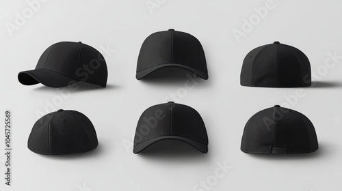 collection of Black Baseball Cap in Angles View Front and Back Mockup 