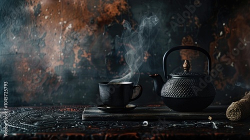 Vintage tea ceremony setup with dark background and iron teapot.