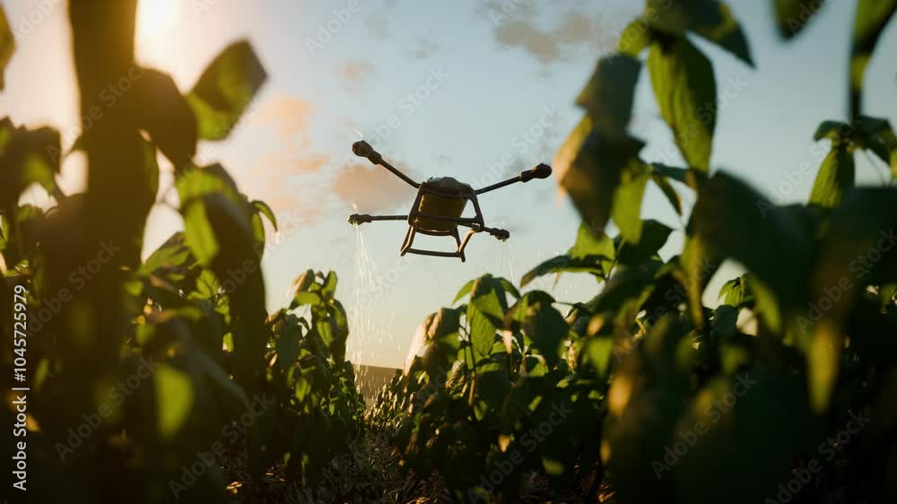 An agricultural drone sprays crops in the early morning sunlight. Advanced technology in farming, automation, and innovation improving productivity in agriculture. Cgi video.