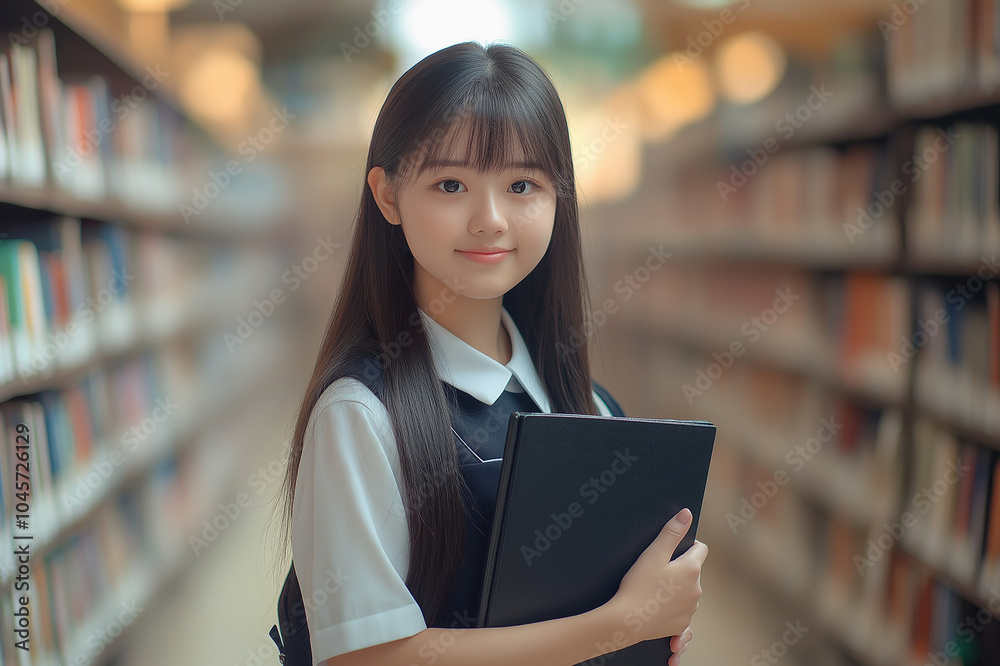 Portrait of a young female student in a library setting, with natural light, representing education, knowledge, and learning, ideal for student, academic, and educational themed projects. Portrait of a young female student in a library setting, with natural light, representing education, knowledge, and learning, ideal for student, academic, and educational themed projects.