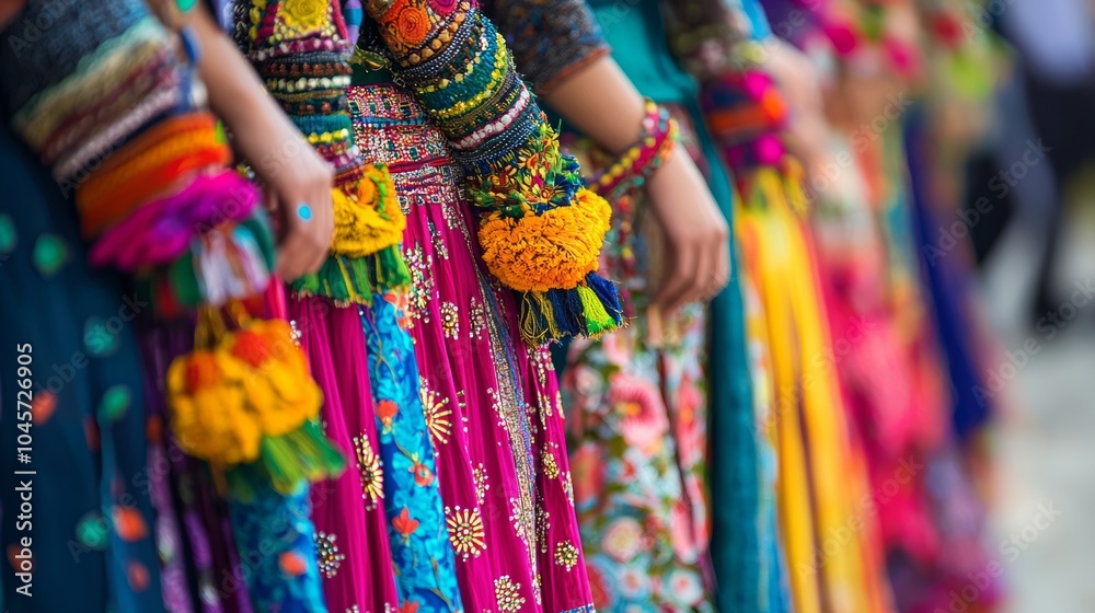 Colorful Traditional Indian Garments with Embroidered Details and Tassels Colorful Traditional Indian Garments with Embroidered Details and Tassels