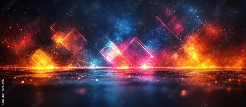 A vibrant digital abstract background with glowing geometric shapes and colorful light effects. A vibrant digital abstract background with glowing geometric shapes and colorful light effects.