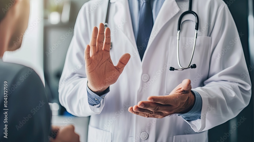 A male doctor without visible facial features, using hand gestures while explaining symptoms to a patient in a private consultation room. A male doctor without visible facial features, using hand gestures while explaining symptoms to a patient in a private consultation room.