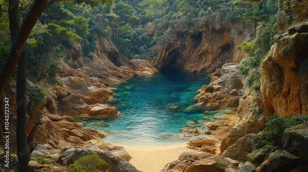 A secluded cove with crystal clear turquoise water and a small sandy beach, surrounded by rocky cliffs and lush vegetation. A secluded cove with crystal clear turquoise water and a small sandy beach, surrounded by rocky cliffs and lush vegetation.