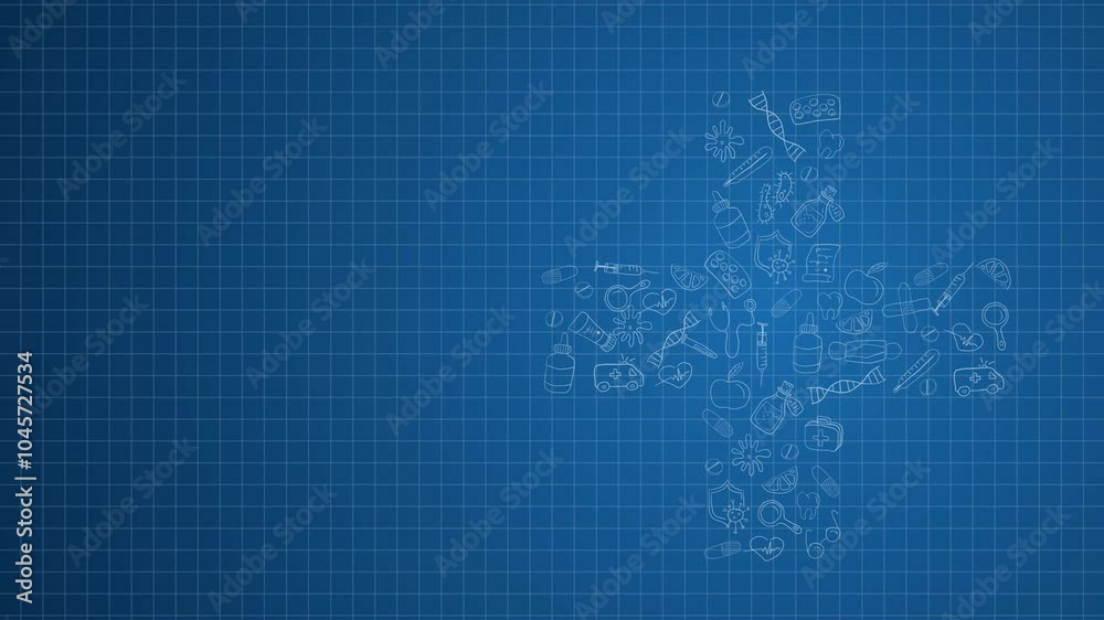 Blue medical background with space for text. Looped animation of icons in the form of a cross. Copy space.