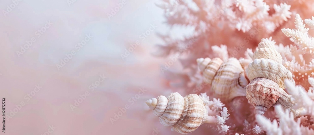 Close-up of beautiful seashells and coral with soft pink bokeh effects, creating a warm and delicate oceanic theme. Ideal for nature, beach, or summer concepts Close-up of beautiful seashells and coral with soft pink bokeh effects, creating a warm and delicate oceanic theme. Ideal for nature, beach, or summer concepts