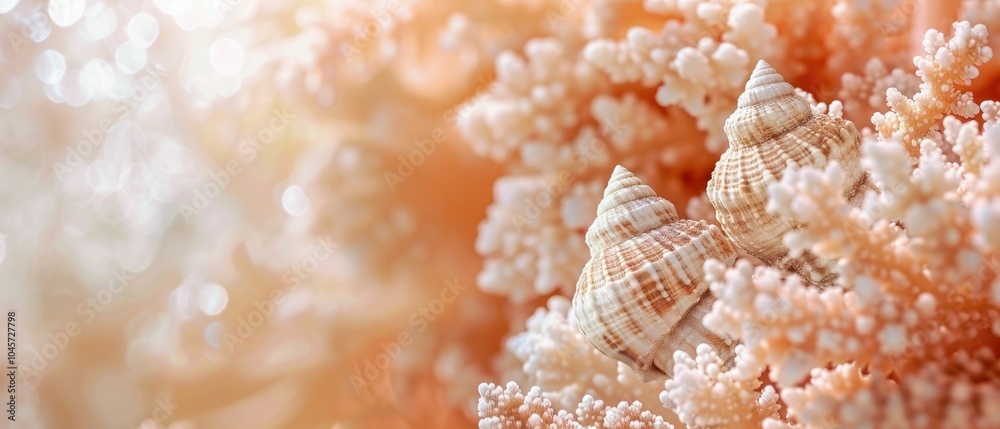 Close-up of beautiful seashells and coral with soft pink bokeh effects, creating a warm and delicate oceanic theme. Ideal for nature, beach, or summer concepts Close-up of beautiful seashells and coral with soft pink bokeh effects, creating a warm and delicate oceanic theme. Ideal for nature, beach, or summer concepts