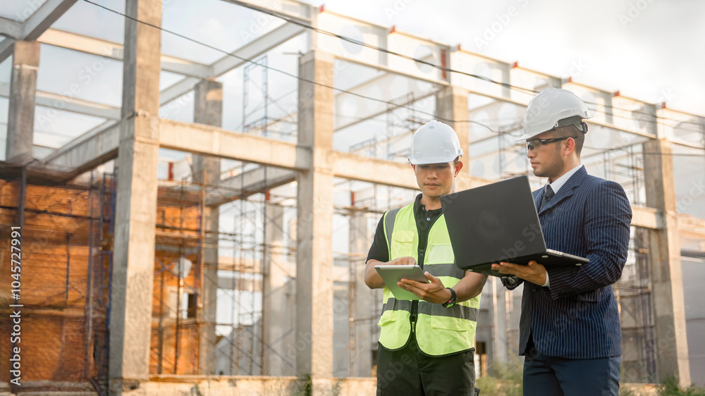 Fototapeta premium Two construction engineers inspect the building structure and the progress of the construction plan