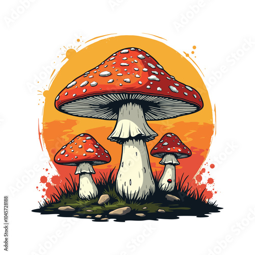 Mushrooms Illustration with Sunset Background