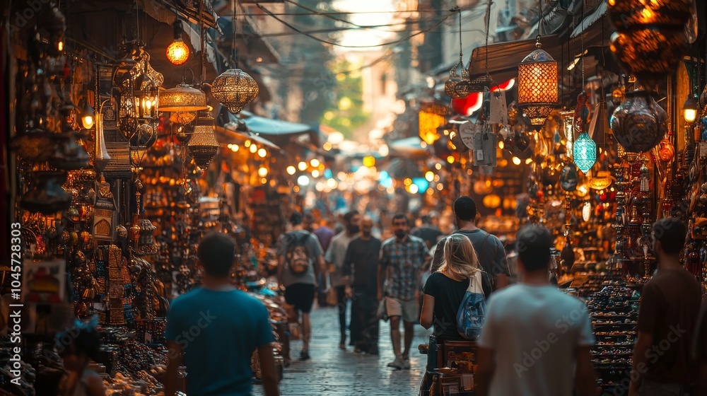 Busy Middle Eastern Market Street with Lanterns and People Shopping Busy Middle Eastern Market Street with Lanterns and People Shopping