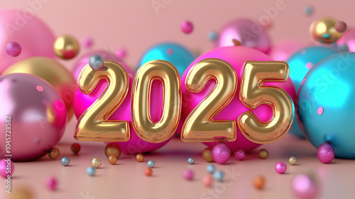 Festive gold balloon numbers 2025 with colorful party decorations, ideal for New Year celebrations, holiday events, and festive marketing campaigns, perfect for vibrant designs and party promotions. photo