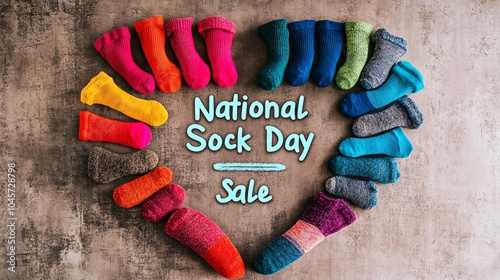 A vibrant display of colorful socks arranged in a heart shape, perfect for promoting a sock sale event. Ideal for marketing and creative projects. photo