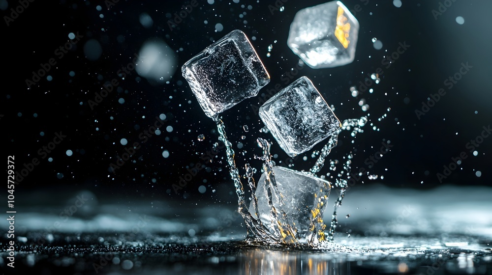 Cluster of ice cubes rapidly dropping into water creating an elegant splash with scattered water droplets isolated on a minimalist black background