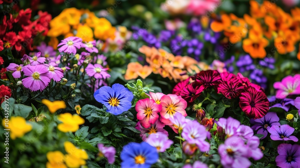 Close-up of a blooming flower bed with different flowers in a variety of hues, neatly arranged against a plain white background with copy space. Close-up of a blooming flower bed with different flowers in a variety of hues, neatly arranged against a plain white background with copy space.