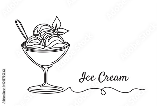 One continuous line drawing of ice cream in a bowl. Ice cream in plate freehand drawn silhouette illustration. Vector line art isolated on white