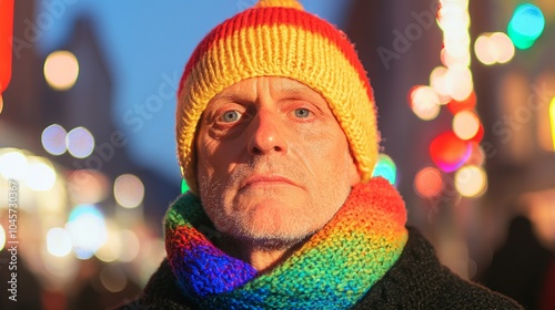 Festive Winter Wonderland - Man Walking Through Colorful Festival with Vibrant Beanie and Scarf, Sparkling Lights and Decorations