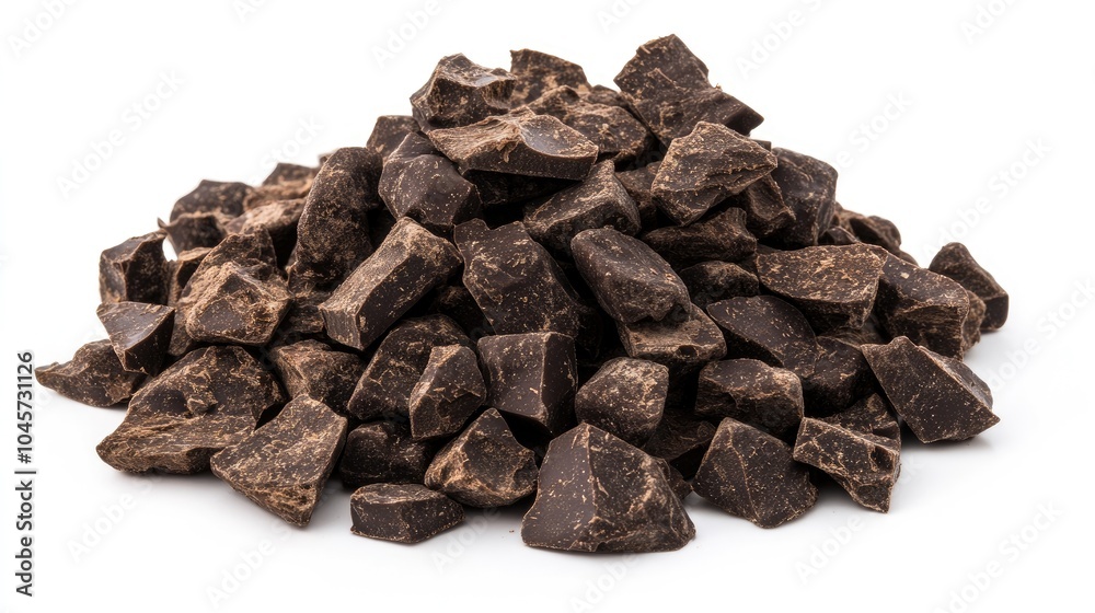 Fine and coarse chunks of dark chocolate piled in a heap on a white backdrop, emphasizing the natural, rich quality of cocoa. Fine and coarse chunks of dark chocolate piled in a heap on a white backdrop, emphasizing the natural, rich quality of cocoa.