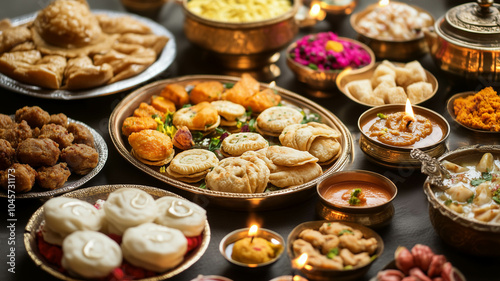 A traditional Indian meal with sweets and snacks arranged for Diwali