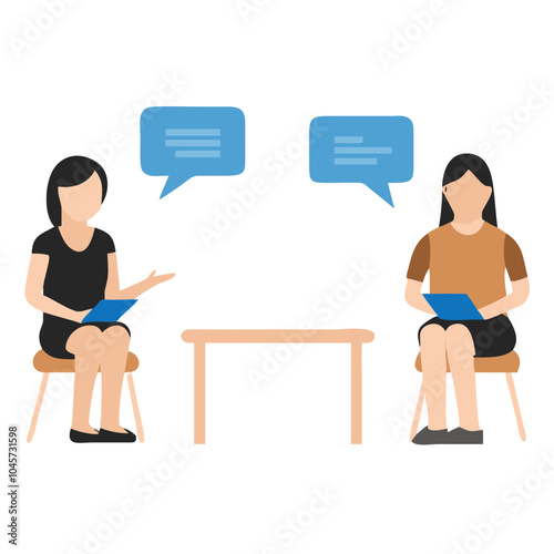 Illustration of two women engaged in conversation while sitting at a table with speech bubbles