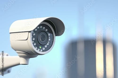 A 3D illustration features a weather-resistant CCTV camera designed for monitoring the outdoor perimeter of a factory.