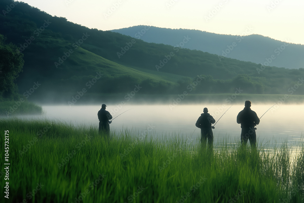 Early morning fishing on a serene lake surrounded by misty mountains Early morning fishing on a serene lake surrounded by misty mountains
