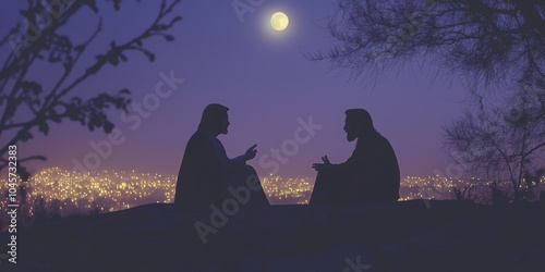 Jesus converses with Nicodemus beneath the starry night sky amid distant city lights, Biblical religious stories, illustrations Christian faith in God