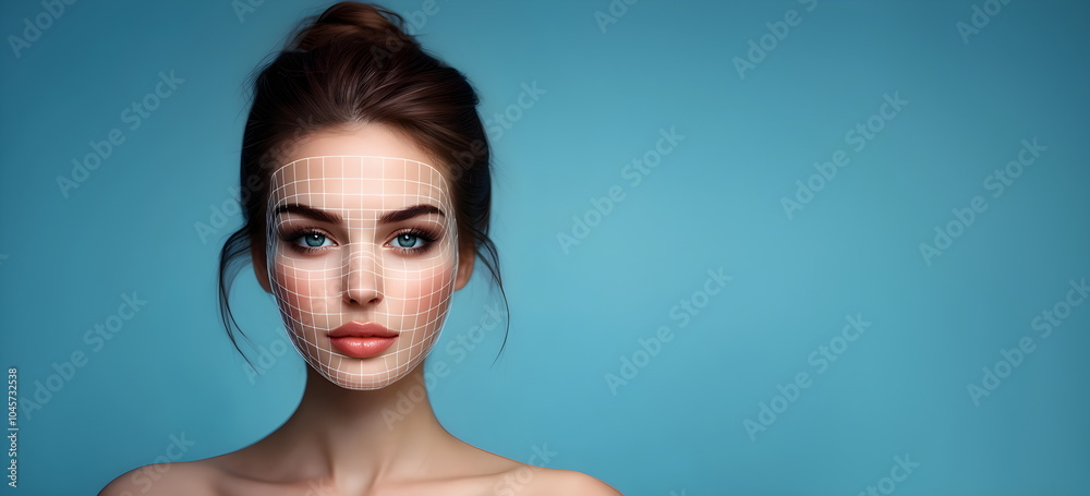 Banner advertising a cosmetology clinic. Mesh mask on the face, an indicator of symmetry. Young beautiful girl on a light blue background. Copy space. Cosmetology, beauty salon. Banner advertising a cosmetology clinic. Mesh mask on the face, an indicator of symmetry. Young beautiful girl on a light blue background. Copy space. Cosmetology, beauty salon.