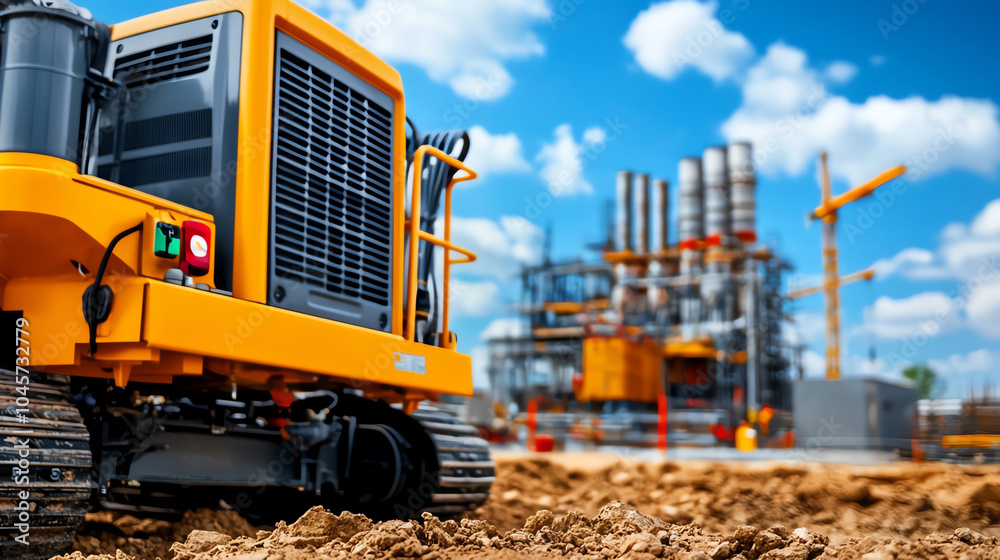 Heavy machinery at work in industrial construction site under blue sky Heavy machinery at work in industrial construction site under blue sky