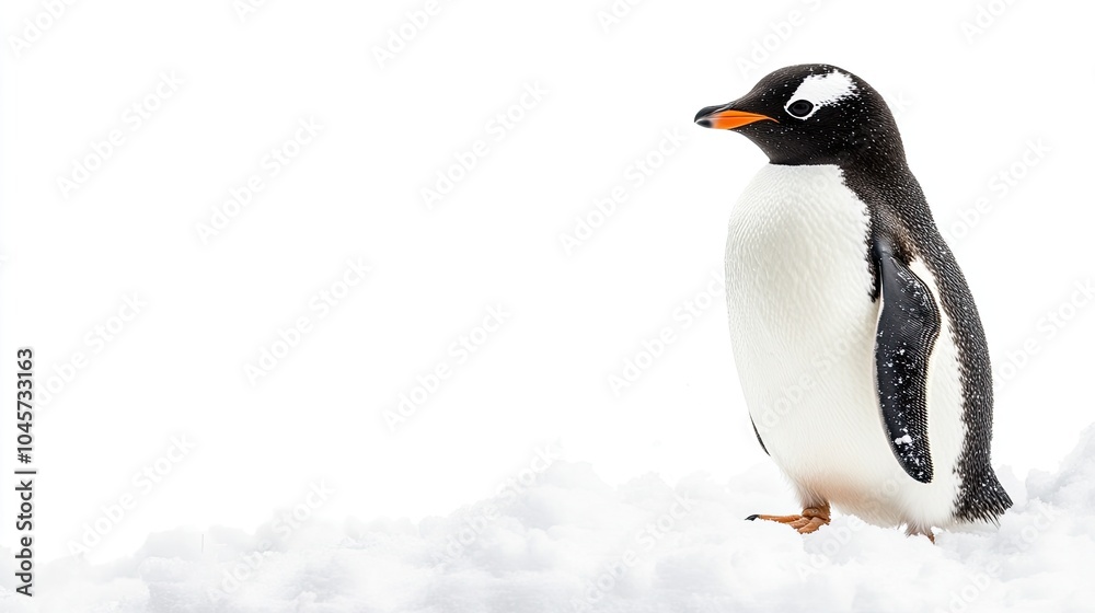 Fototapeta premium Penguin waddling through snow, isolated against a white background, perfect for creative or educational content with text space.