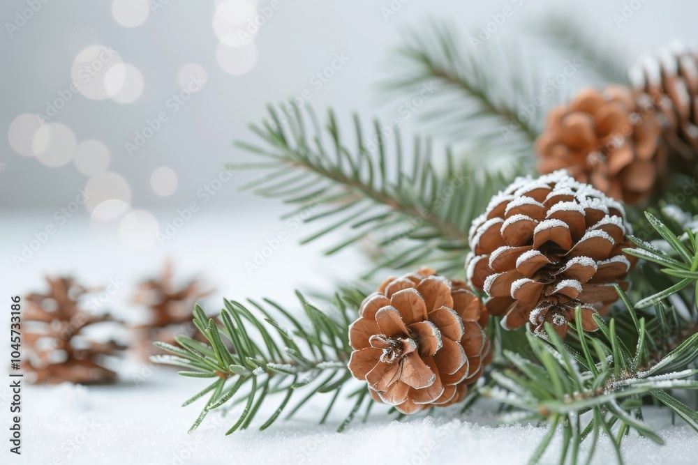 A winter scene showcasing snow-covered pine cones nestled on lush green pine branches, perfect for festive decor inspiration. A winter scene showcasing snow-covered pine cones nestled on lush green pine branches, perfect for festive decor inspiration.