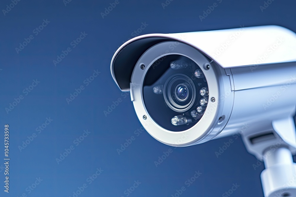 Surveillance cameras monitoring factory premises for cyber threats, overhead view, sleek design, professional feel Surveillance cameras monitoring factory premises for cyber threats, overhead view, sleek design, professional feel
