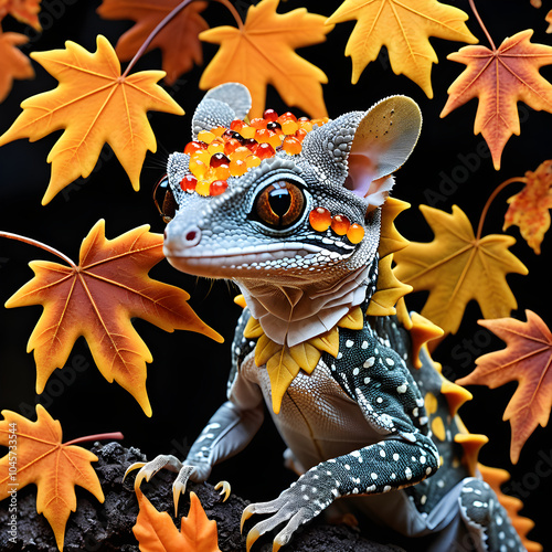 On a crisp Halloween night, a gecko blends seamlessly into its environment by wearing a unique costume of autumn leaves. Its intricate disguise mirrors the maple leaves around it, creating an otherwor photo