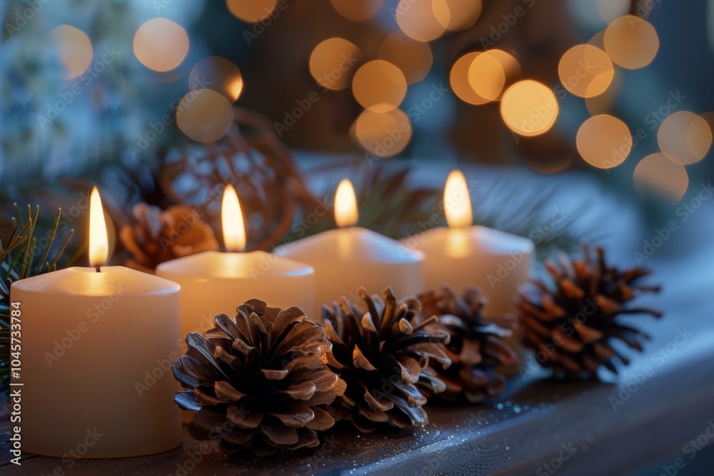 Lit white candles surrounded by pinecones create a cozy atmosphere with bokeh lights, evoking a warm and festive holiday mood. Lit white candles surrounded by pinecones create a cozy atmosphere with bokeh lights, evoking a warm and festive holiday mood.