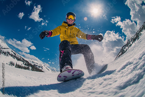 Action shot of a snowboarder in motion on a snowy mountain slope, representing winter sports, adventure, and outdoor activities, perfect for sports marketing and adventure travel projects. photo