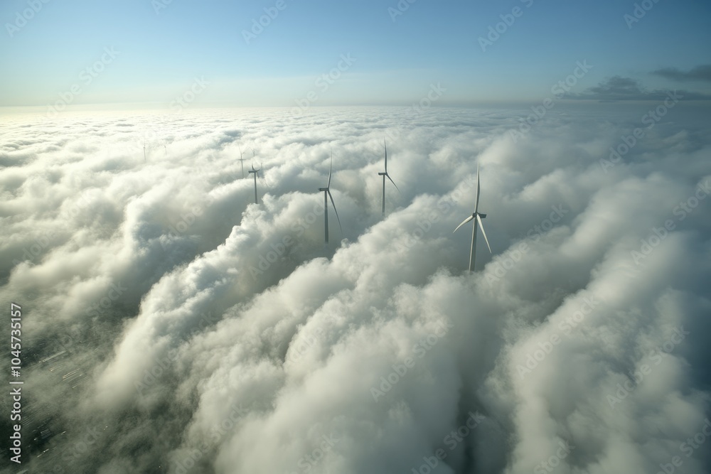 Fototapeta premium Wind turbines harnessing air currents to produce electricity, environmental sustainability by providing an efficient alternative to fossil fuels, contributing to global energy transition efforts.