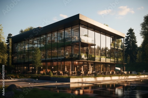 Tall office skyscraper with corner reflective glass and lush trees under bright sunlight