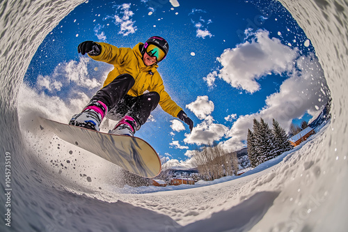 Action shot of a snowboarder in motion on a snowy mountain slope, representing winter sports, adventure, and outdoor activities, perfect for sports marketing and adventure travel projects. photo