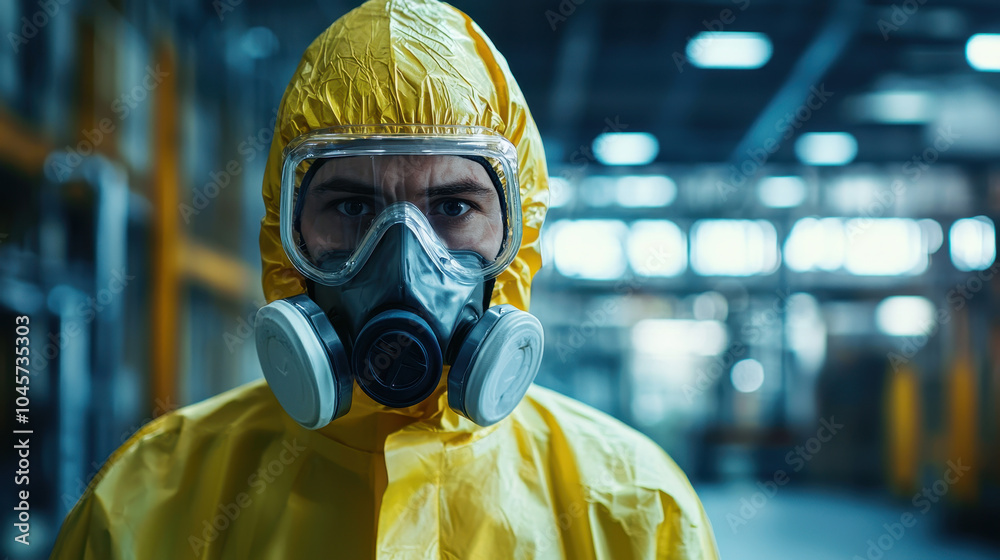 Worker wearing full protective gear in industrial environment, showcasing safety measures and focus. individual is prepared for hazardous conditions, emphasizing importance of protection Worker wearing full protective gear in industrial environment, showcasing safety measures and focus. individual is prepared for hazardous conditions, emphasizing importance of protection