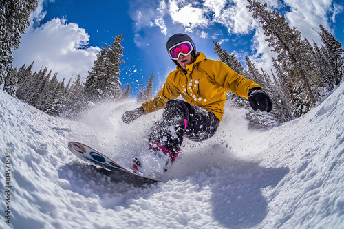 Action shot of a snowboarder in motion on a snowy mountain slope, representing winter sports, adventure, and outdoor activities, perfect for sports marketing and adventure travel projects. photo