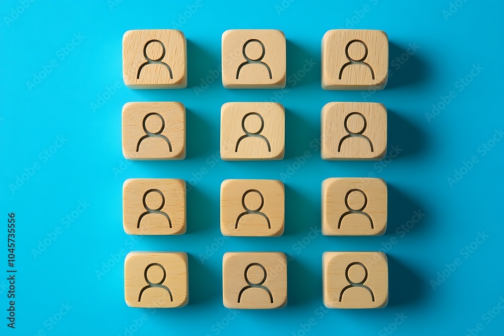 Equal People Icons on Wooden Blocks in a Grid Pattern Equal People Icons on Wooden Blocks in a Grid Pattern