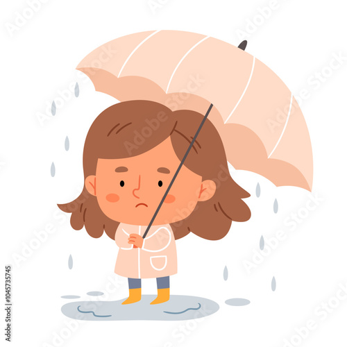 Cartoon sad girl with an umbrella in the rain.Sad girl is in a stressful state.