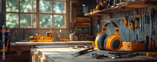pair of yellow ear muffs and safety glasses rest on wooden workbench surrounded by various tools in well lit workshop. scene conveys sense of readiness for work and safety